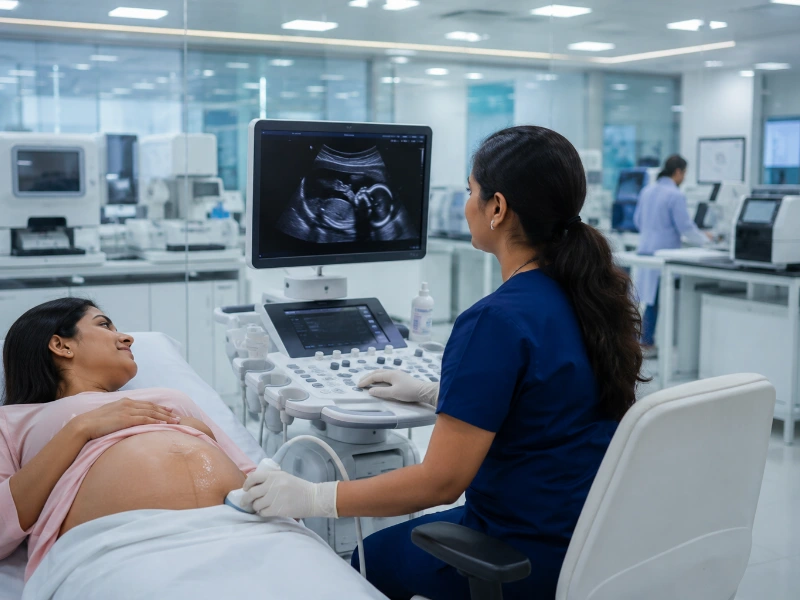 Advanced high-resolution pregnancy ultrasound workstation performing a high-precision fetal wellbeing scan to evaluate late-pregnancy growth and blood flow